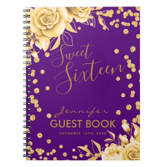 Guestbook Guld Lila Sweet 16 Glitter Blommigt Anteckningsbok (Framsidan)