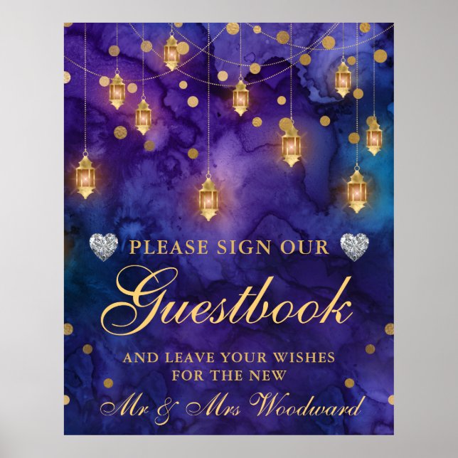 Guestbook lila & Blue Lantern Glow Bröllop Poster (Framsidan)
