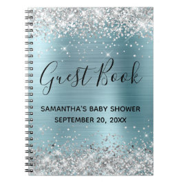 Guestbook med blå foil Baby Shower silver Glitter Anteckningsbok