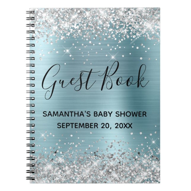 Guestbook med blå foil Baby Shower silver Glitter Anteckningsbok (Framsidan)