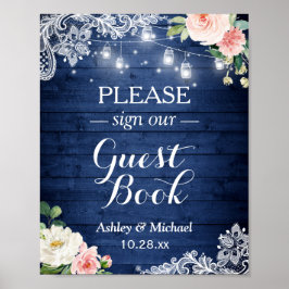Guestbook med Blommigten Rustic Blue String Ljus Poster