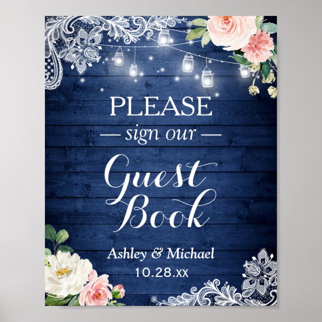 Guestbook med Blommigten Rustic Blue String Ljus Poster (Framsidan)