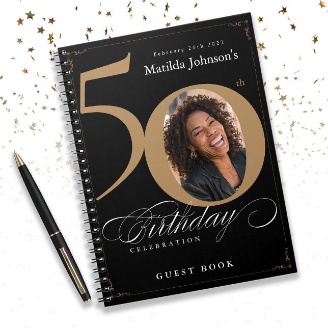 Guestbook med svart Guld-Elegant vid 50:e födelsed Anteckningsbok (50th Birthday Elegant Black Gold Script Guestbook Notebook)