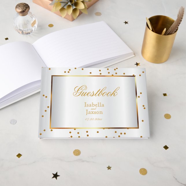 Guestbook med vit satäng elegant Guld Gästböcker (Framsida öppen)