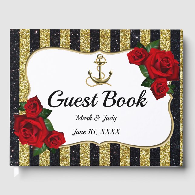 Guestbook Nautical Anchor Guld Black Rand Gästböcker (Framsida)