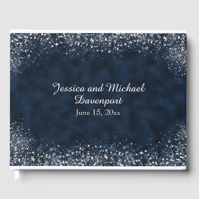 Guestbook Navy Blue White Stardust Bröllop Gästböcker (Framsida)