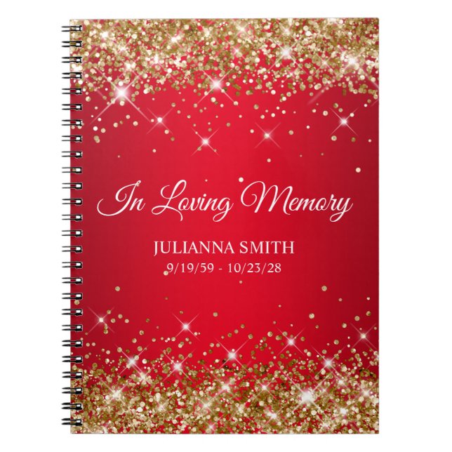 Guestbook Red Memorial Service guld Glitter Anteckningsbok (Framsidan)