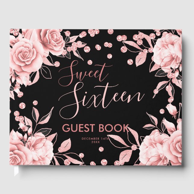 Guestbook Ro Guld Black Sweet 16 Glitter Confett Gästböcker (Framsida)