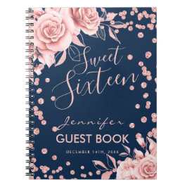 Guestbook Ro Guld Navy Sweet 16 Glitter Blommigt Anteckningsbok