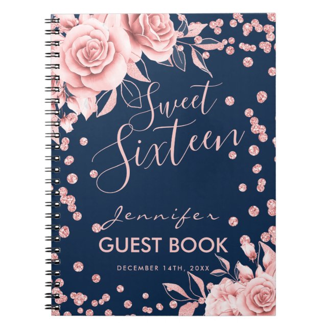 Guestbook Ro Guld Navy Sweet 16 Glitter Blommigt Anteckningsbok (Framsidan)