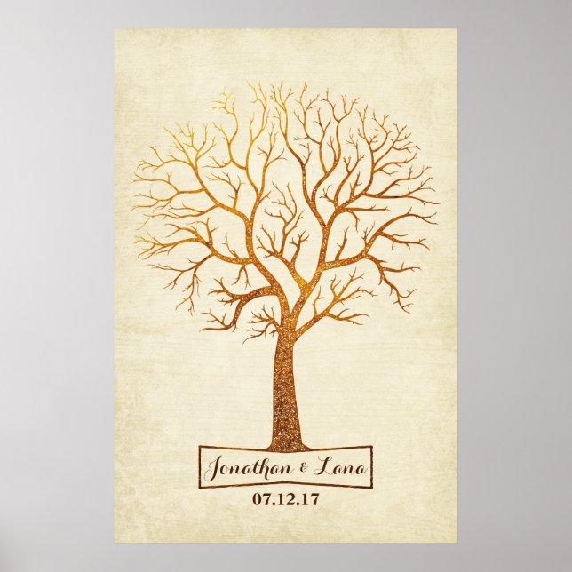 Guestbook Rustic Guld Träd Thumbprint Bröllop Poster (Framsidan)