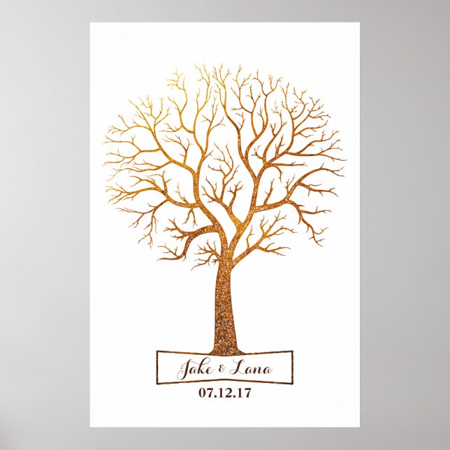 Guestbook Rustic Guld Träd Thumbprint Bröllop Poster (Framsidan)