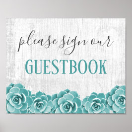 Guestbook Sign Rustic Succulent Blommigt Barn Wood Poster