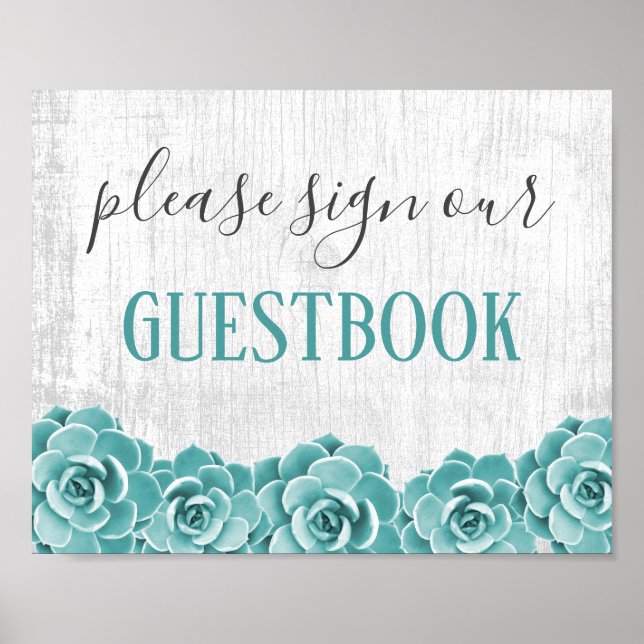 Guestbook Sign Rustic Succulent Blommigt Barn Wood Poster (Framsidan)