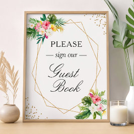 Guestbook Sign Tropical Blommigt Löv Guld Ram Poster