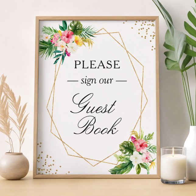 Guestbook Sign Tropical Blommigt Löv Guld Ram Poster (Skapare uppladdad)