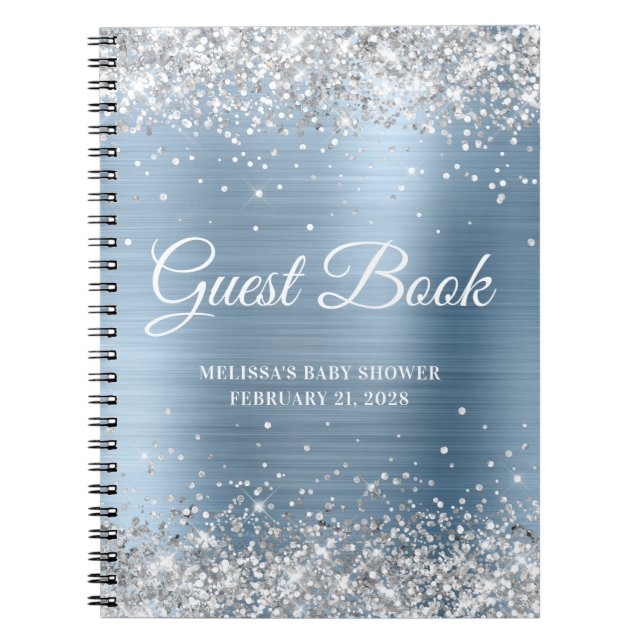 Guestbook Silver Glitter Light Blue Baby Shower Anteckningsbok (Framsidan)