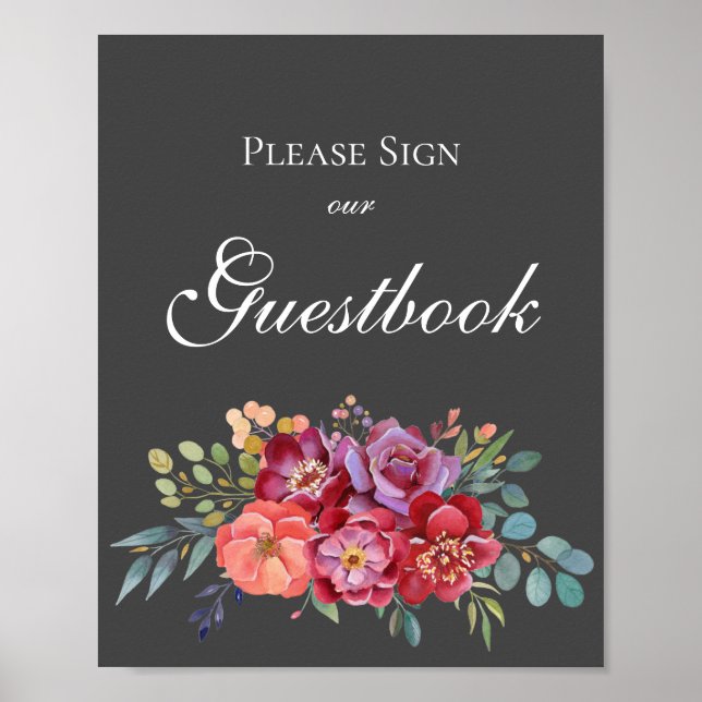 Guestbook-skylt för Tropical Grått Blommigt Poster (Framsidan)