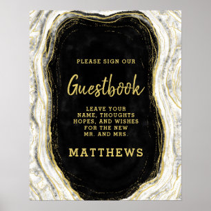 Guestbook-tecken för Black White & Guld Geode Agat Poster