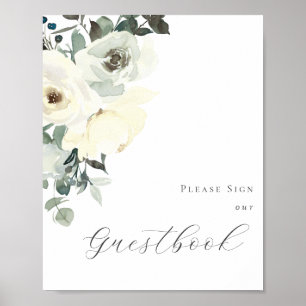 Guestbook-tecken för Dusty Blue & White Blommigt P Poster
