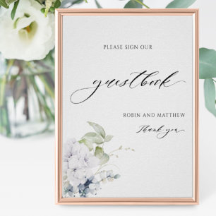 Guestbook-tecken för elegant Blue White Blommigt B Poster