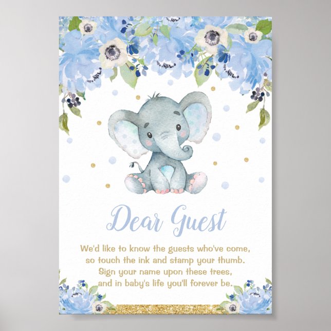 Guestbook-tecken för Elephant Baby Shower Boy-tuma Poster (Framsidan)