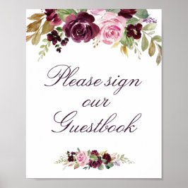 Guestbook-tecken för lila blommigt bröllop poster