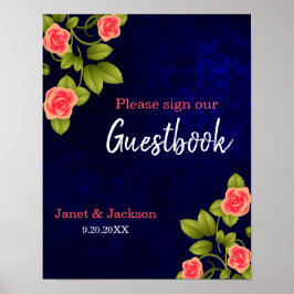 Guestbook-tecken för mörk blått och korala Ro Poster
