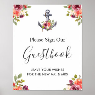 Guestbook-tecken för Nautical Anchor Blommigt Bröl Poster