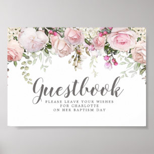 Guestbook-tecken för Rosa Blommigt Baptism Poster