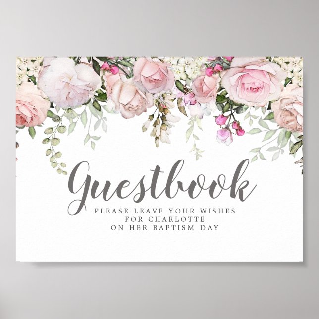 Guestbook-tecken för  Rosa Blommigt Baptism Poster (Framsidan)