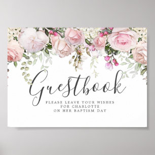 Guestbook-tecken för Rosa Blommigt Baptism Poster