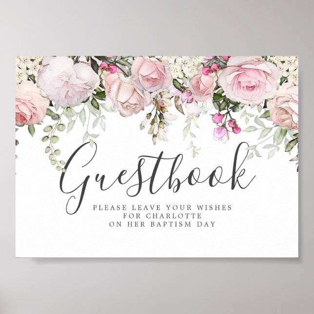 Guestbook-tecken för  Rosa Blommigt Baptism Poster (Framsidan)