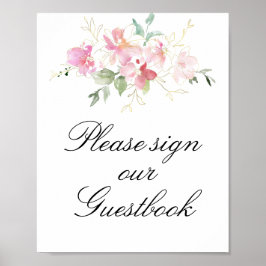 Guestbook-tecken för rosa blommigt bröllop poster