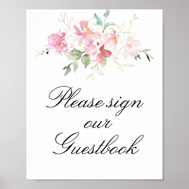 Guestbook-tecken för rosa blommigt bröllop poster (Framsidan)