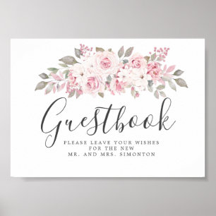 Guestbook-tecken för Rosa Blommigt Bröllop Poster