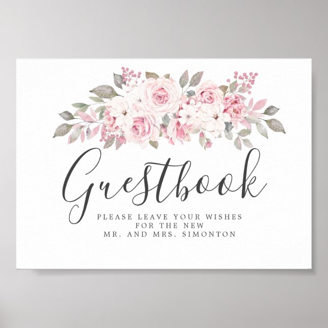 Guestbook-tecken för  Rosa Blommigt Bröllop Poster (Framsidan)