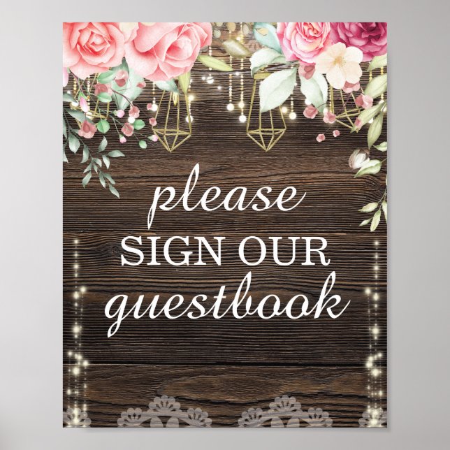 Guestbook-tecken för Rustic Bröllop Blommigt Poster (Framsidan)