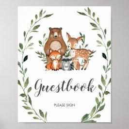 Guestbook-tecken för Rustic Greenery Woodland Anim Poster