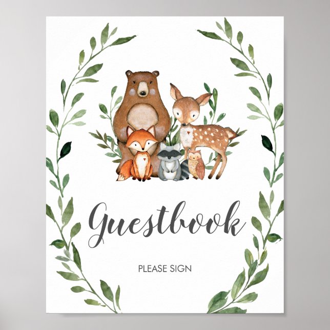 Guestbook-tecken för Rustic Greenery Woodland Anim Poster (Framsidan)