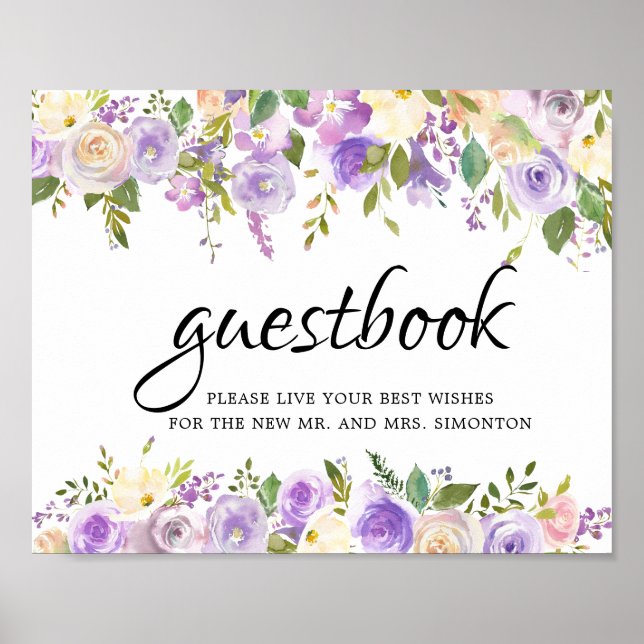 Guestbook-tecken för Rustic Lila Blommigt Poster (Framsidan)