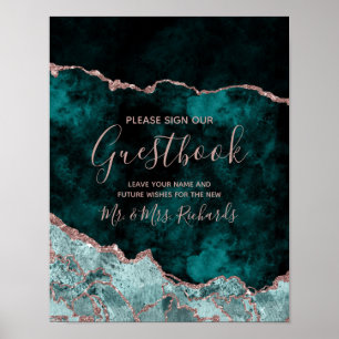 Guestbook-tecken för Teal Grönt Agate Ro Guld Bröl Poster