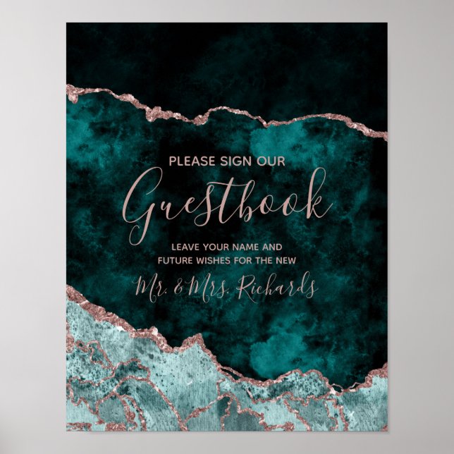 Guestbook-tecken för Teal Grönt Agate Ro Guld Bröl Poster (Framsidan)