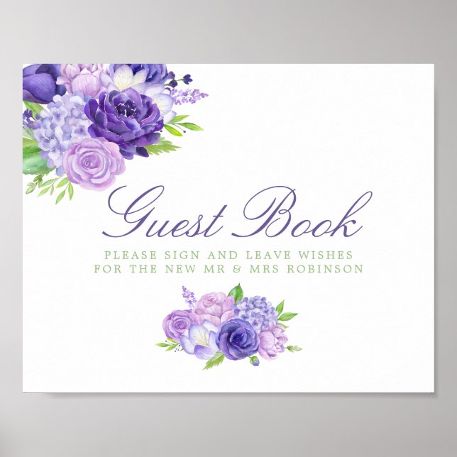Guestbook-tecken för Ultra Violet Blommigt Bröllop Poster (Framsidan)