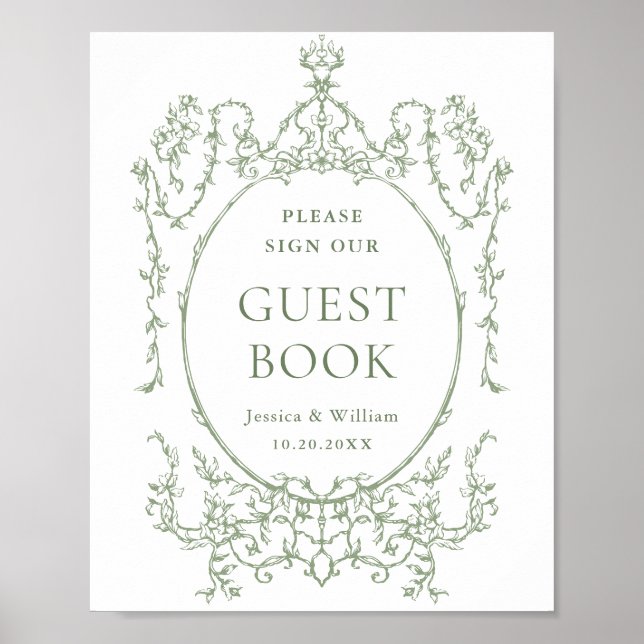 Guestbook-tecken för Victorian Ornate Sage Grönt B Poster (Framsidan)