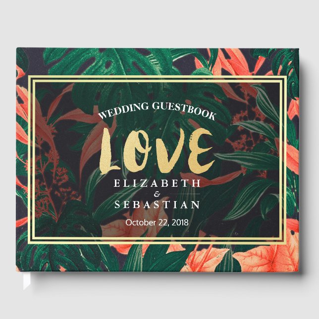 Guestbook Tropical Blommigt Plant Guld Ram Bröllop Gästböcker (Framsida)