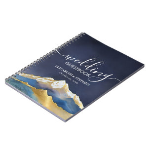 Guestbook Watercolor Blue Golden Mountain Bröllop Anteckningsbok