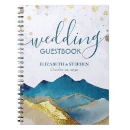 Guestbook Watercolor Blue Golden Mountain Bröllop Anteckningsbok