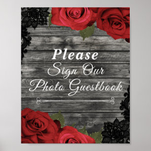 Guestbooksignatur för röd ros Rustic Black Snöre B Poster