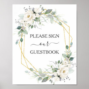 Guestbookskylt Vita blommigt ram bröllop Poster